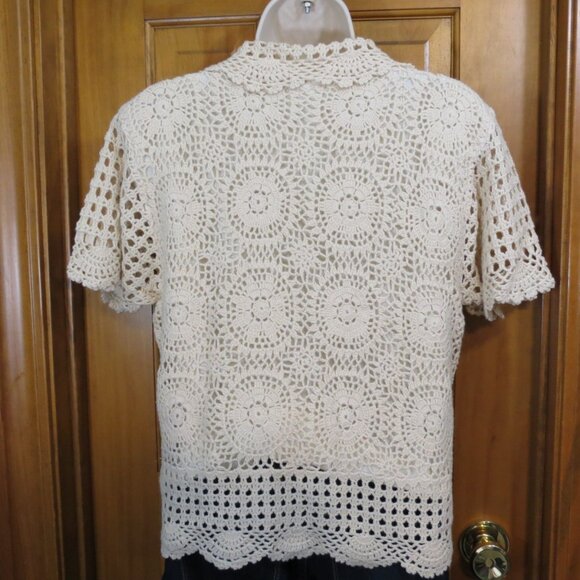 VTG Faith Mountain Cream Crochet Lace Sweater Top Lined Button Short Sleeve L - Picture 5 of 11